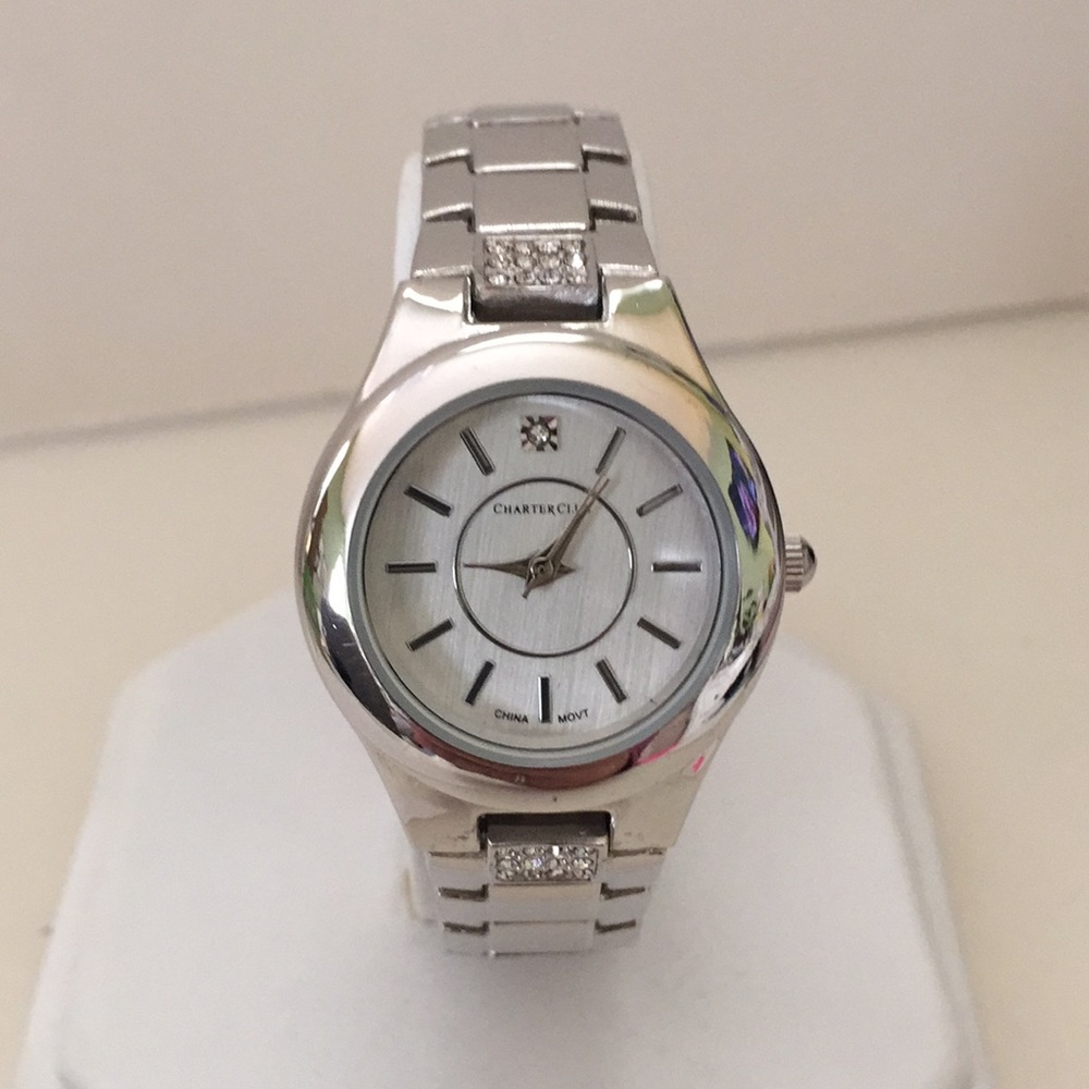Silver tone watch with crystal accents